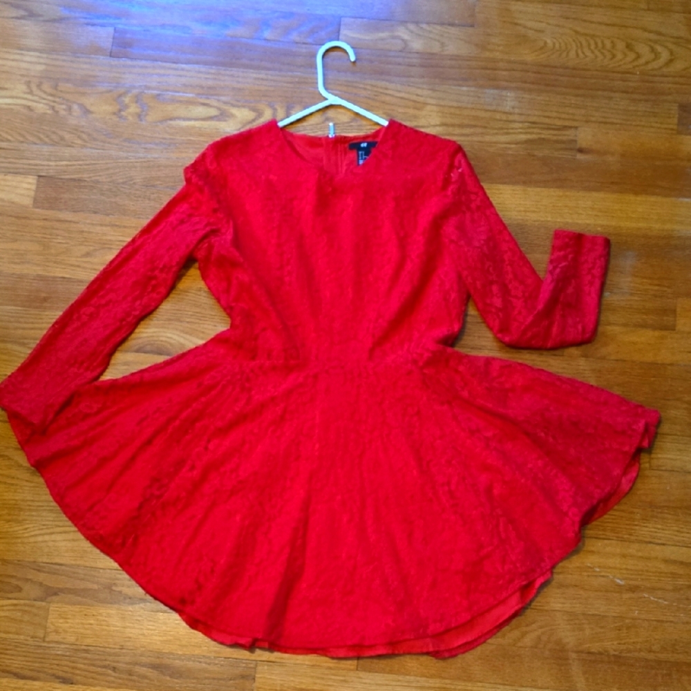 H&M Red Long Sleeve Lace Fit-and-Flare Dress